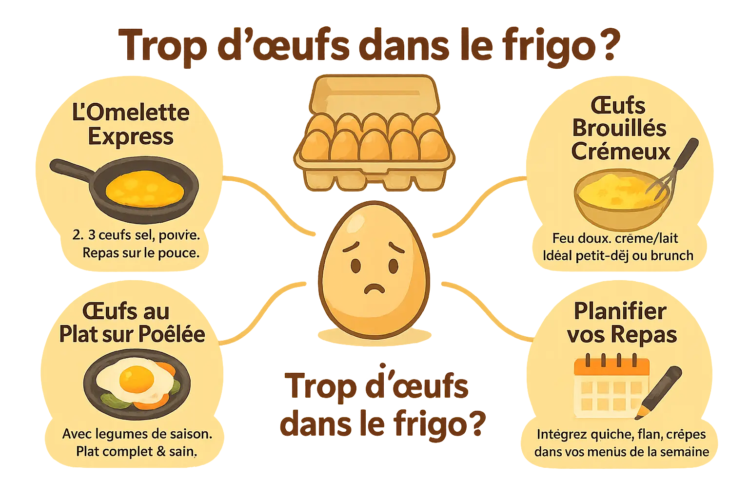 Écouler œufs entiers: recettes variées anti-gaspi 2 Oeufs frais sur une planche en bois avec légumes