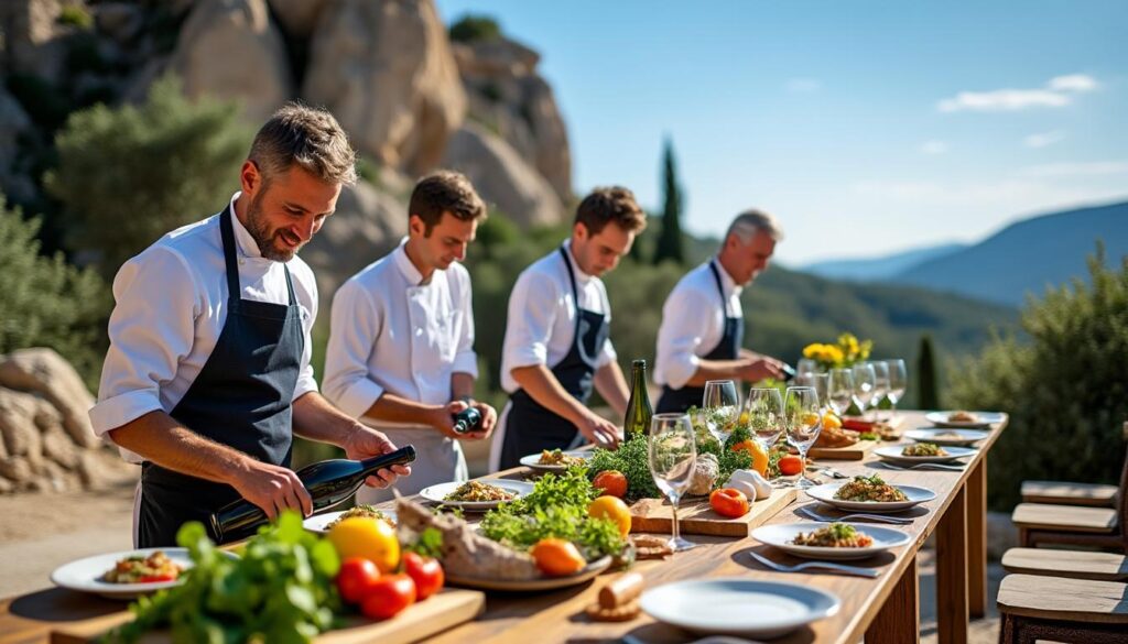 Glenn Viel et son équipe explorent la gastronomie aux Baux : des ateliers culinaires et œnologiques à découvrir 3 partez à la découverte de la gastronomie aux baux avec glenn viel et son équipe. participez à des ateliers culinaires et œnologiques uniques pour éveiller vos sens et enrichir vos connaissances gastronomiques.