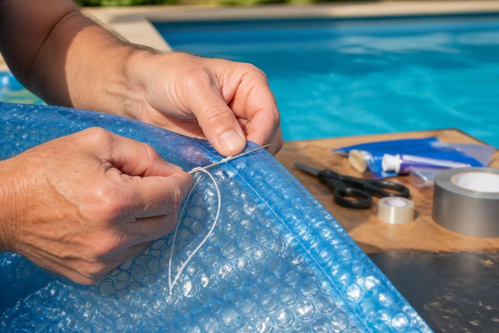 apprenez à coudre une bâche à bulle pour réparer votre piscine facilement et économiquement, sans avoir à la remplacer entièrement.