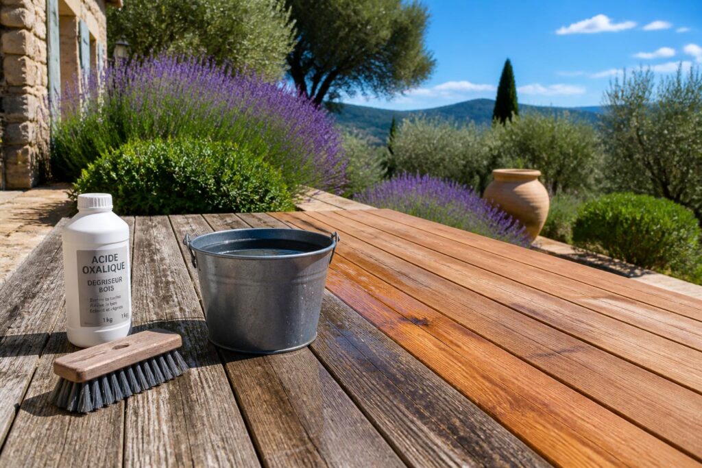 découvrez comment utiliser l'acide oxalique pour raviver et redonner éclat à votre terrasse en bois grisé, spécialement pour les terrasses provençales.