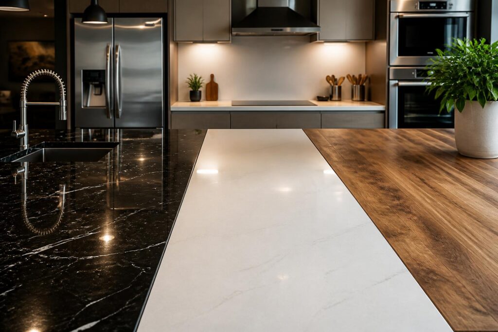 découvrez comment choisir le plan de travail idéal pour votre cuisine entre l'élégance durable du granit, la modernité facile d'entretien du quartz et la chaleur naturelle du bois pour un intérieur convivial et stylé.