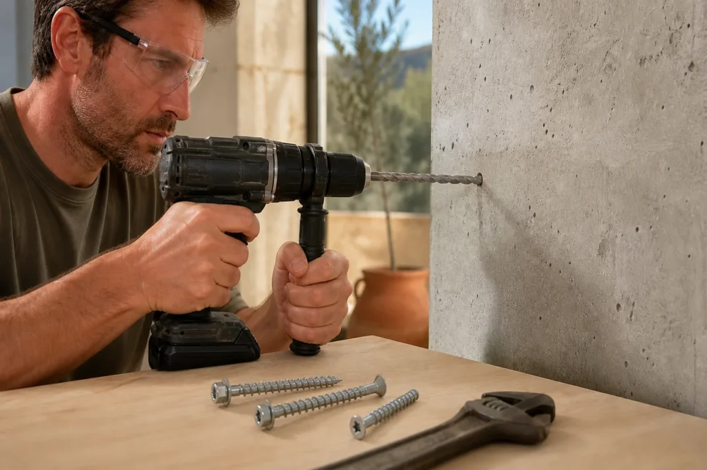 Perçage d’un mur en béton avant la pose d’une vis à béton